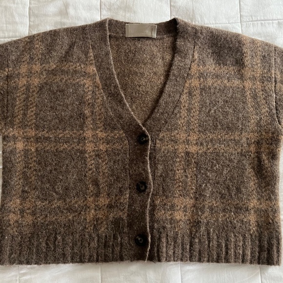 Everlane Brown Plaid boxy Alpaca Blend Cropped Cardigan Sweater Wmns Sz S EUC - Picture 2 of 6